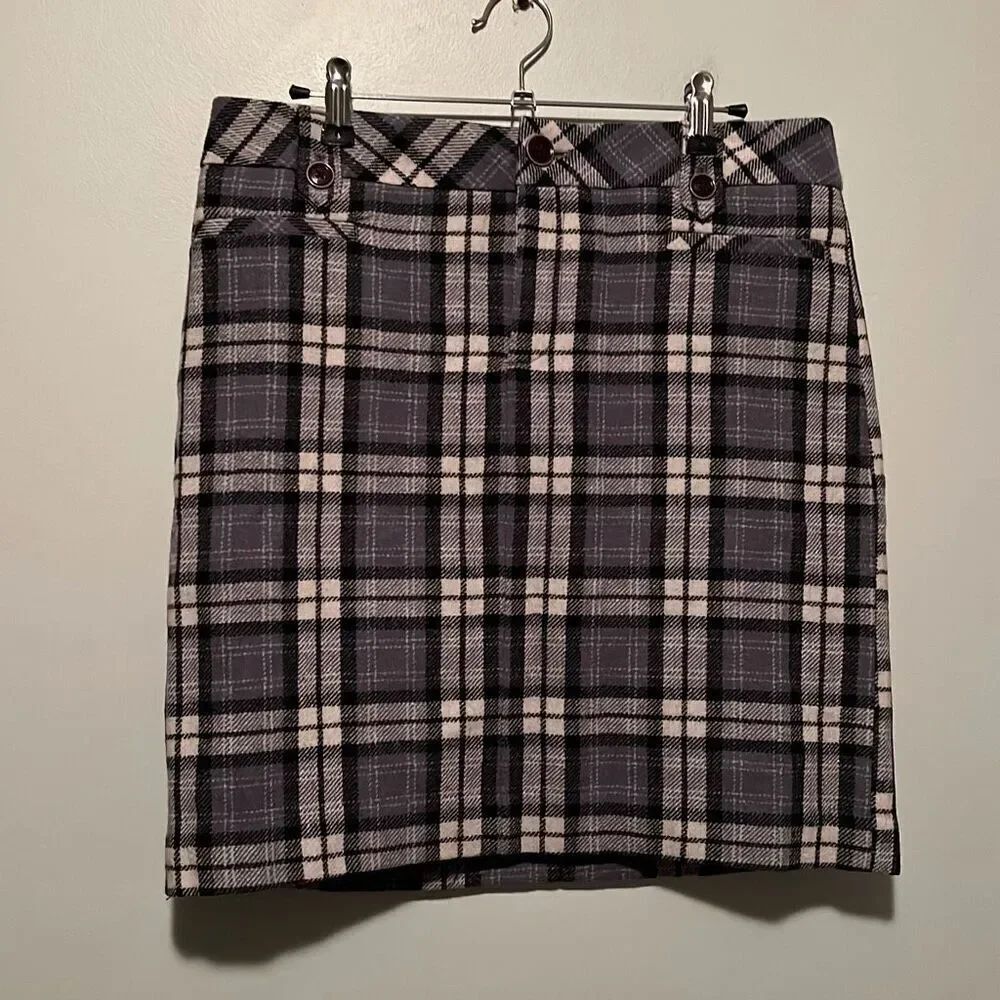 Eddie Bauer Women's Gray & Black Wool Blend Plaid Straight Pencil Skirt